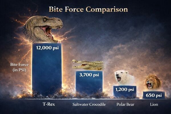 T-Rex bite force compared to a crocodile, polar bear and lion.